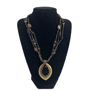 Coldwater Creek Necklace Triple Strand Black Gold Tone Pendant Ornate 20"